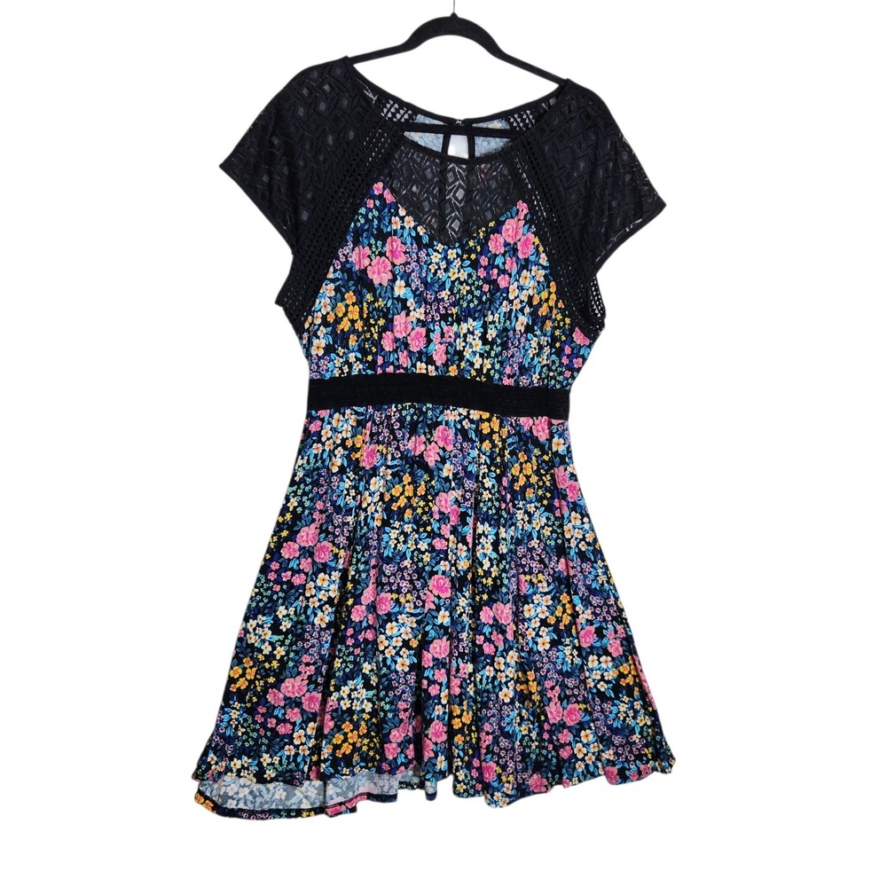 Torrid Super Soft Floral Lace Yoke Skater Dress Black Pink Blue Plus Size 2